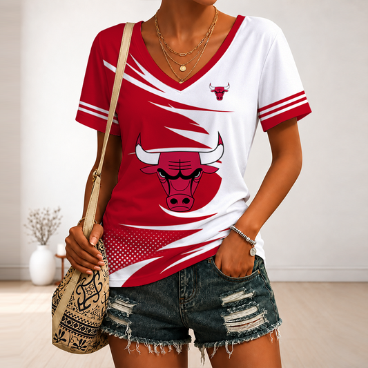 [HOT DEAL] NEW CUSTOMIZED NBA19 CBU CHICAGO BULLS V-NECK FEMALE SHIRT