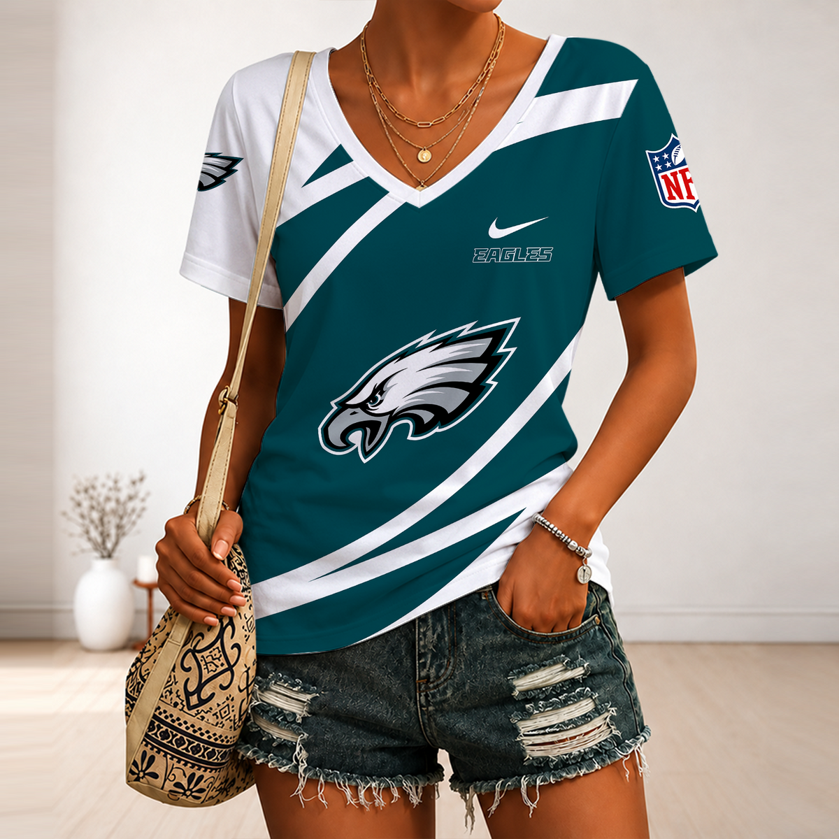 [TOUCHDOWN DEAL] NEW CUSTOMIZED NFL02 PPE PHILADELPHIA EAGLES V-NECK FEMALE SHIRT