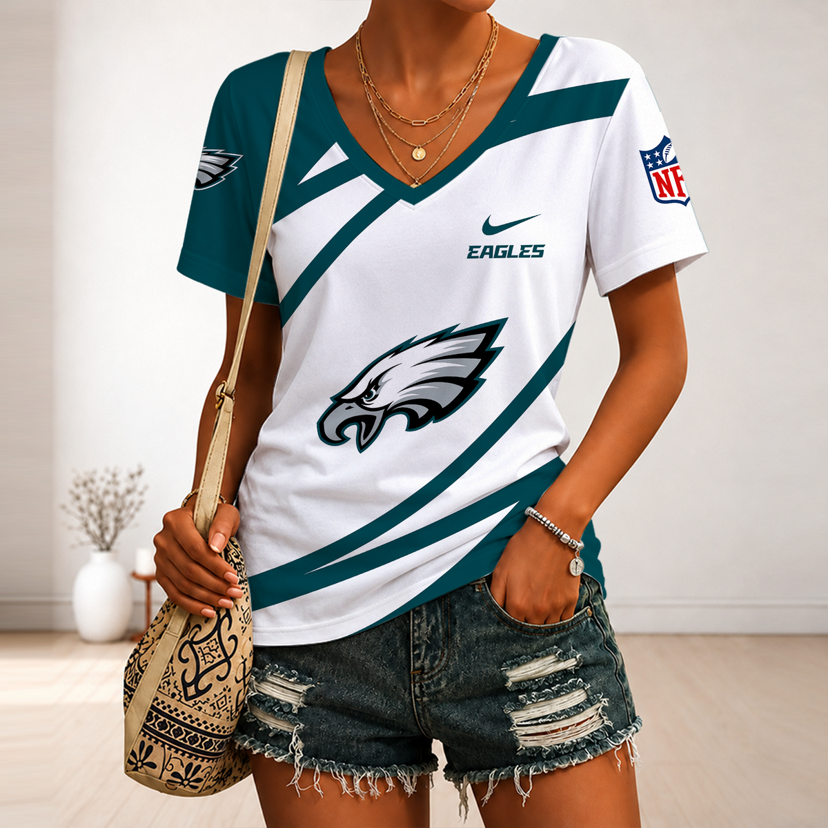[TOUCHDOWN DEAL] NEW CUSTOMIZED NFL02 PPE PHILADELPHIA EAGLES V-NECK FEMALE SHIRT
