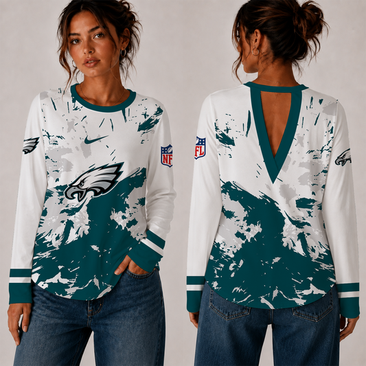 [TOUCHDOWN DEAL] NEW CUSTOMIZED NFL02 PPE PHILADELPHIA EAGLES WOMEN'S BACK V-CUT LONG-SLEEVE SHIRT