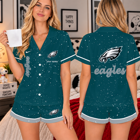 [TOUCHDOWN DEAL] NEW CUSTOMIZED NFL02 PPE THE EAGLES WOMEN'S V-NECK SHORT PAJAMAS SET