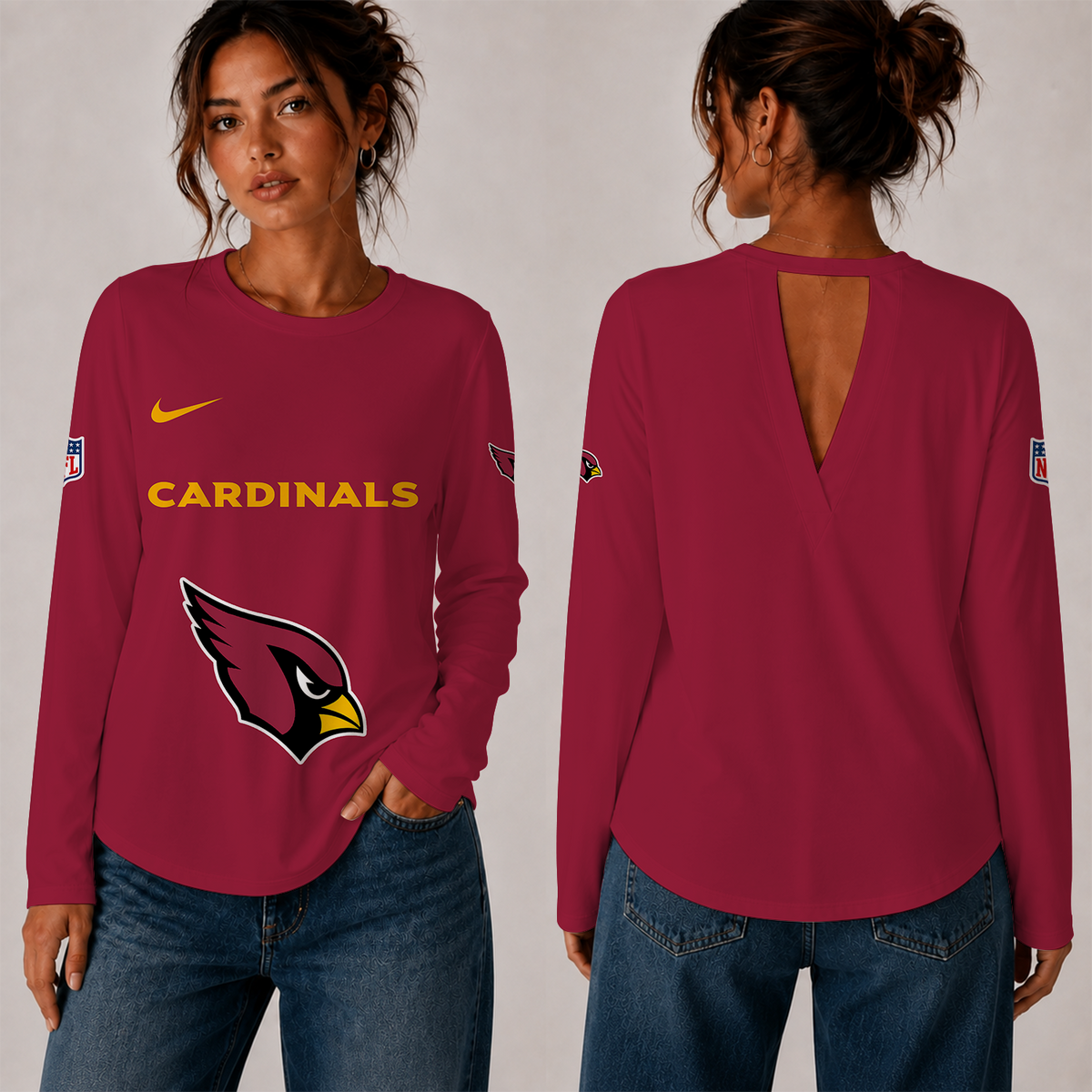[TOUCHDOWN DEAL] NEW CUSTOMIZED NFL20 ARC THE CARDINALS WOMEN'S BACK V-CUT LONG-SLEEVE SHIRT