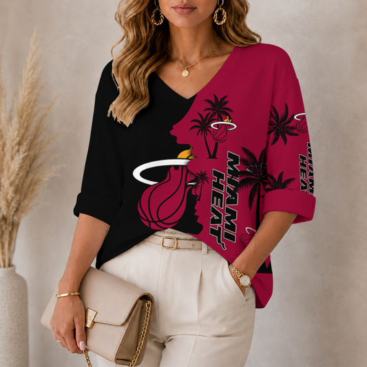 [HOT DEAL] NEW CUSTOMIZED NBA20 MHE MIAMI HEAT WOMEN'S V-NECK LONG SLEEVE SHIRT