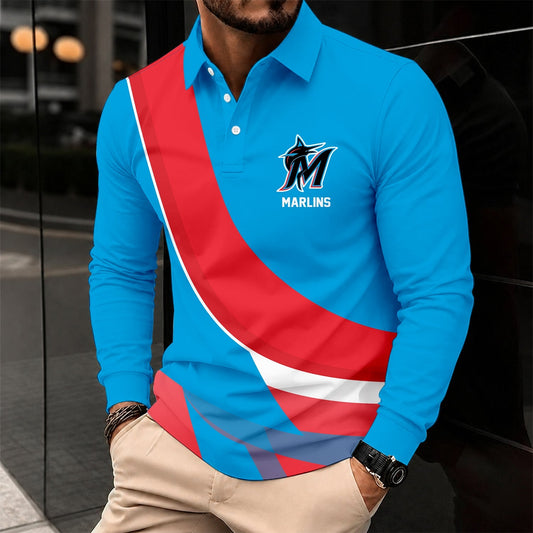 [HOMERUN DEAL] NEW CUSTOMIZED MLB20 MMS MIAMI MARLINS MEN'S LONG SLEEVE POLO