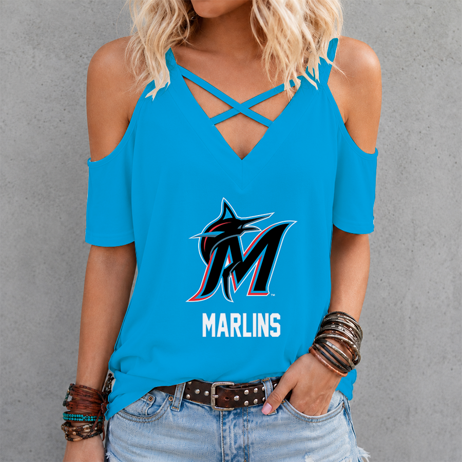 [HOMERUN DEAL] NEW CUSTOMIZED MLB20 MMS MIAMI MARLINS CRISS CROSS V-NECK TOP