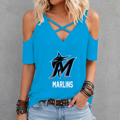 [HOMERUN DEAL] NEW CUSTOMIZED MLB20 MMS MIAMI MARLINS CRISS CROSS V-NECK TOP