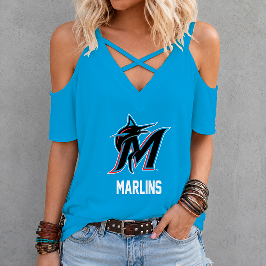 [HOMERUN DEAL] NEW CUSTOMIZED MLB20 MMS MIAMI MARLINS CRISS CROSS V-NECK TOP