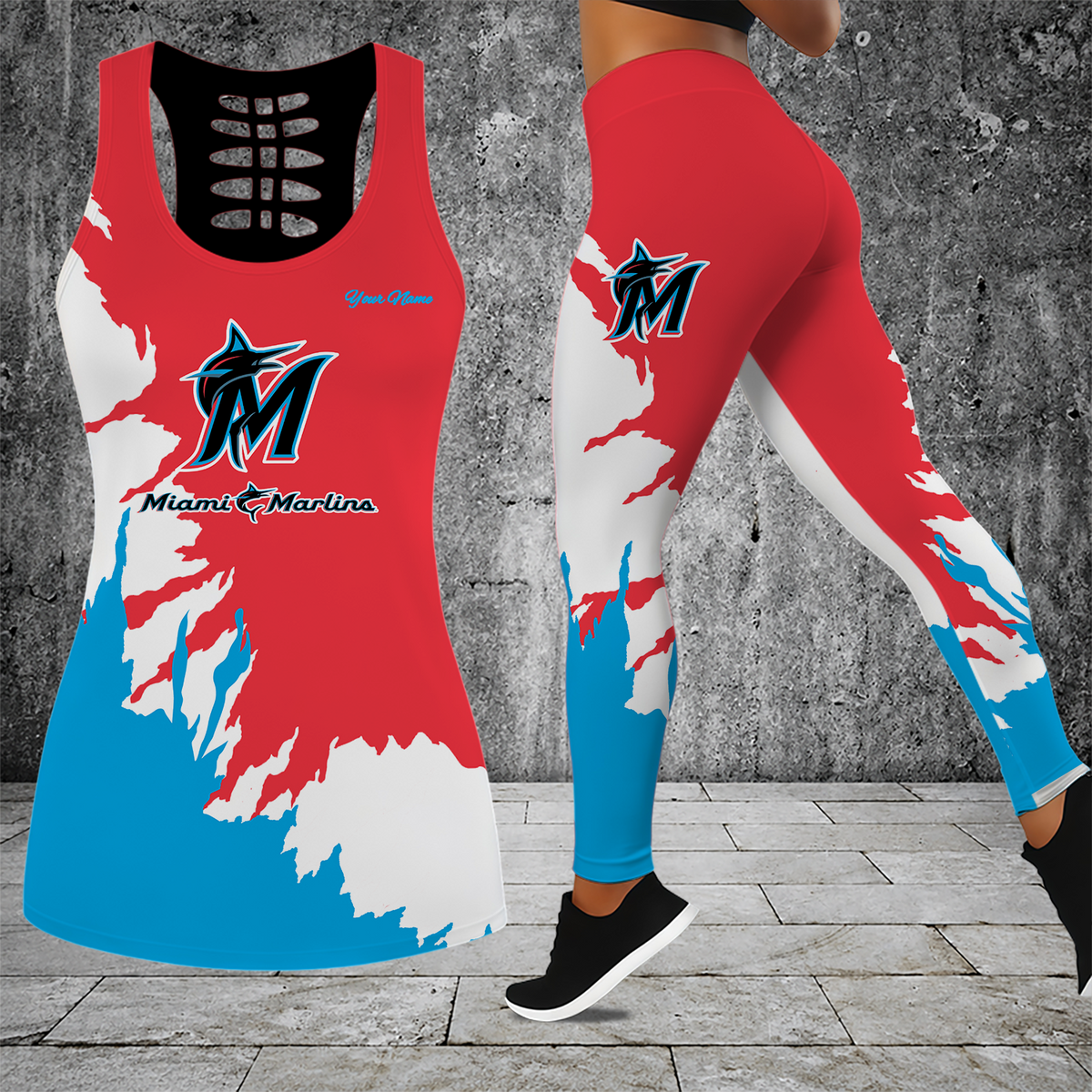 [HOMERUN DEAL] NEW CUSTOMIZED MLB20 MMS MIAMI MARLINS HOLLOW TANK TOP & LEGGINGS SET