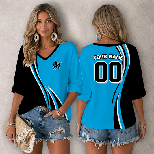 [HOMERUN DEAL] NEW CUSTOMIZED MLB20 MMS MIAMI MARLINS WOMEN'S HEART V-NECK LONG SLEEVE SHIRT