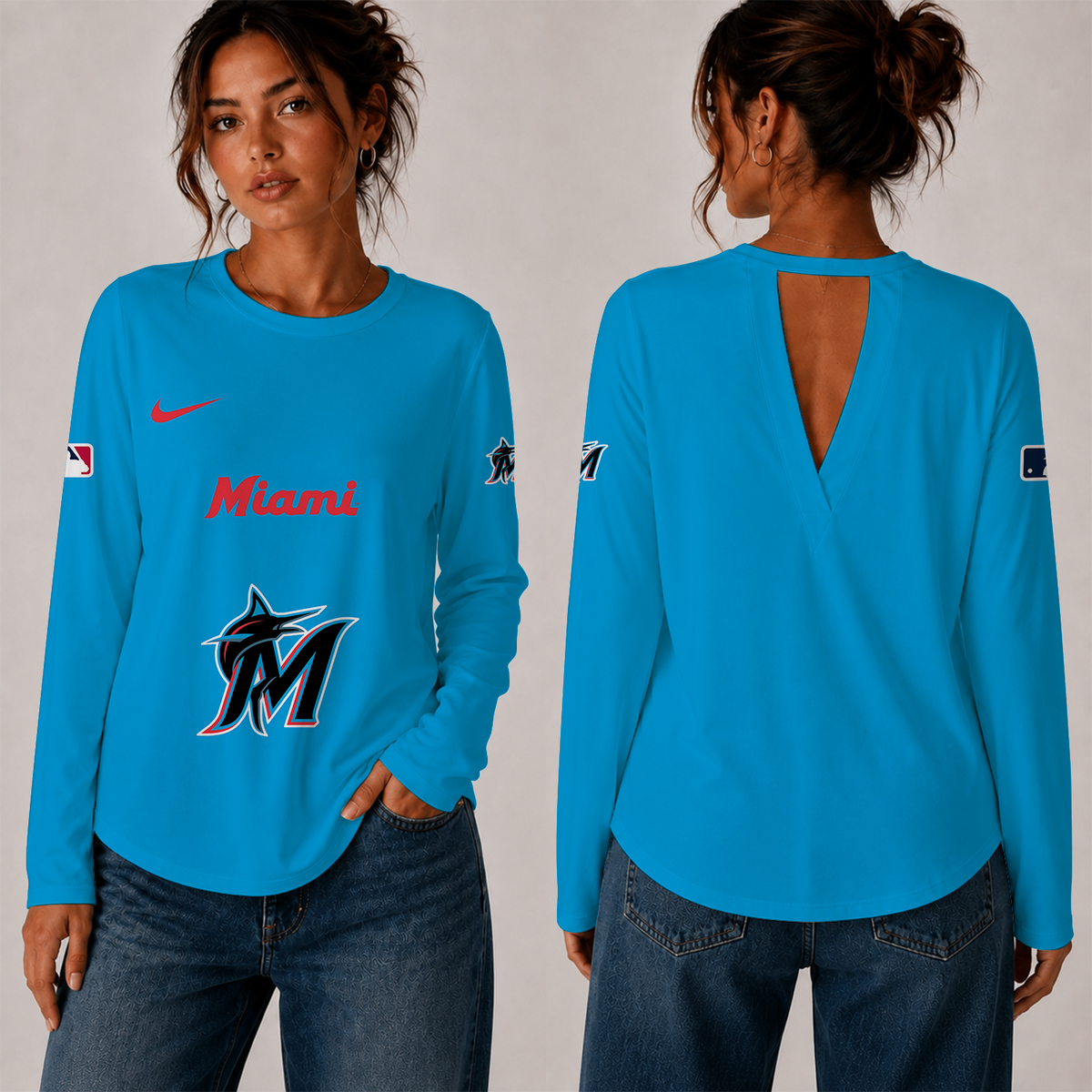 [HOMERUN DEAL] NEW CUSTOMIZED MLB20 MMS THE MARLINS WOMEN'S BACK V-CUT LONG-SLEEVE SHIRT