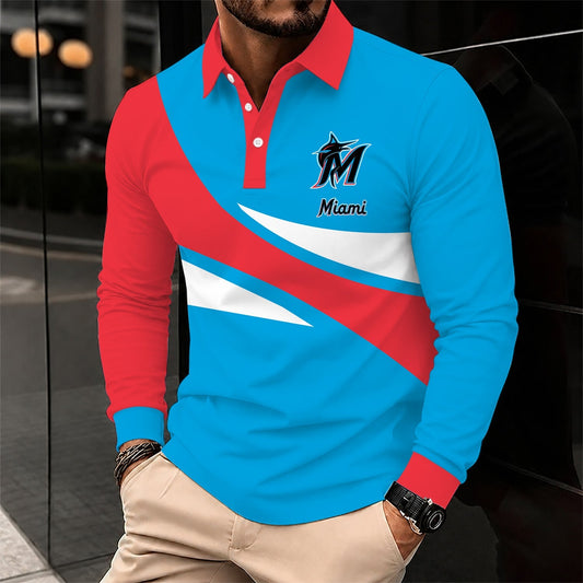 [HOMERUN DEAL] NEW CUSTOMIZED MLB20 MMS MIAMI MARLINS MEN'S LONG SLEEVE POLO