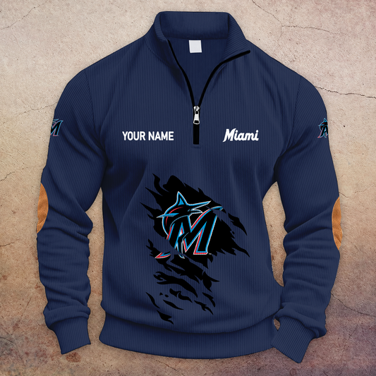 [HOMERUN DEAL] NEW CUSTOMIZED MLB20 MMS MIAMI MARLINS MULTICOLOR STRIPED QUATER ZIP SWEATSHIRT