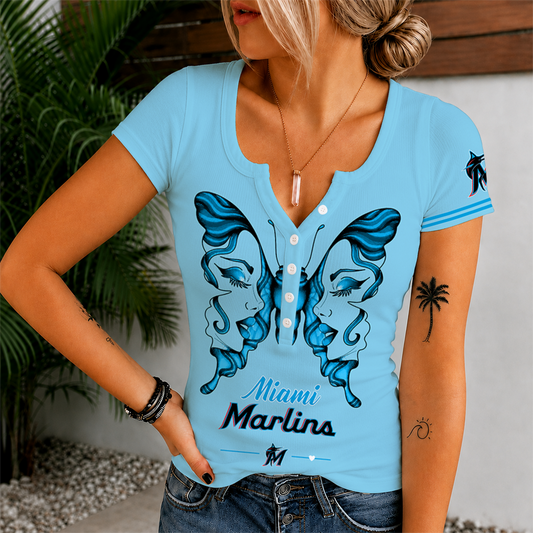 [HOMERUN DEAL] NEW CUSTOMIZED MLB20 MMS MIAMI MARLINS WOMEN'S SHORT SLEEVE HENLEY T-SHIRT