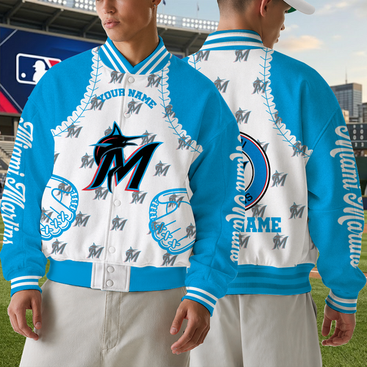 [HOMERUN DEAL] NEW CUSTOMIZED MLB20 MMS MIAMI MARLINS SATIN VARSITY & BASEBALL JACKET
