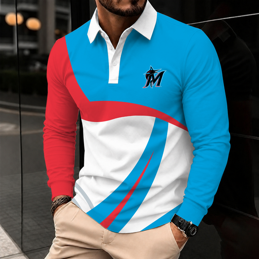 [HOMERUN DEAL] NEW CUSTOMIZED MLB20 MMS MIAMI MARLINS MEN'S LONG SLEEVE POLO