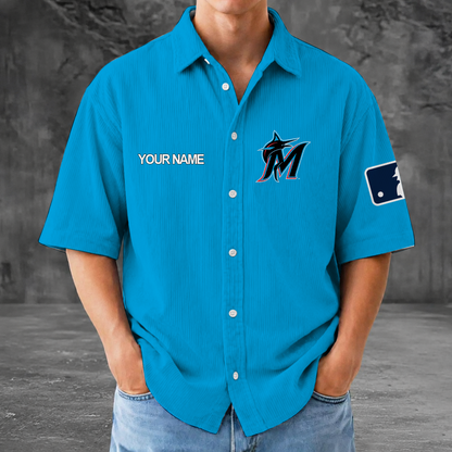 [HOMERUN DEAL] NEW CUSTOMIZED MLB20 MMS MIAMI MARLINS SEERSUCKER BUTTON SHIRT