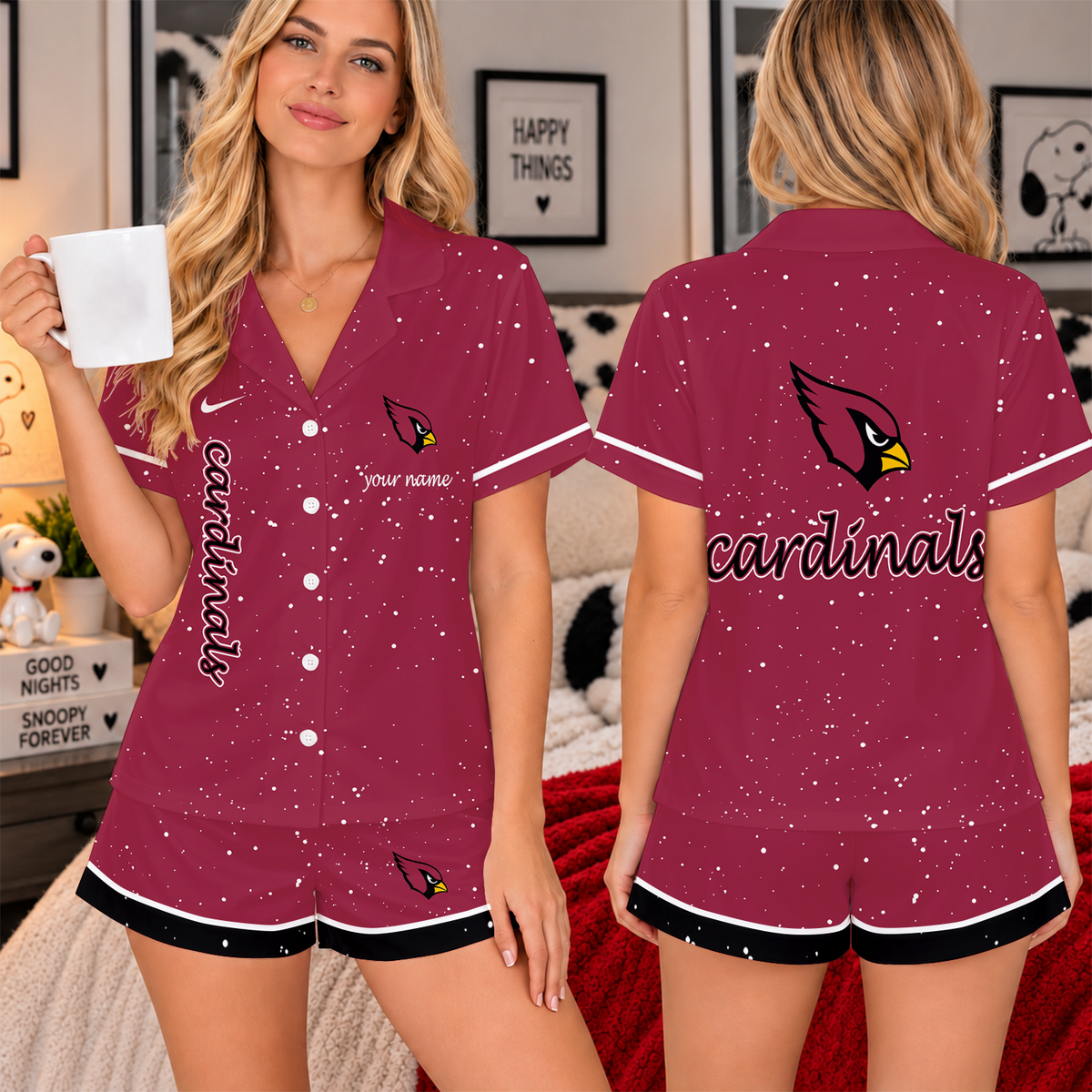 [TOUCHDOWN DEAL] NEW CUSTOMIZED NFL20 ARC THE CARDINALS WOMEN'S V-NECK SHORT PAJAMAS SET