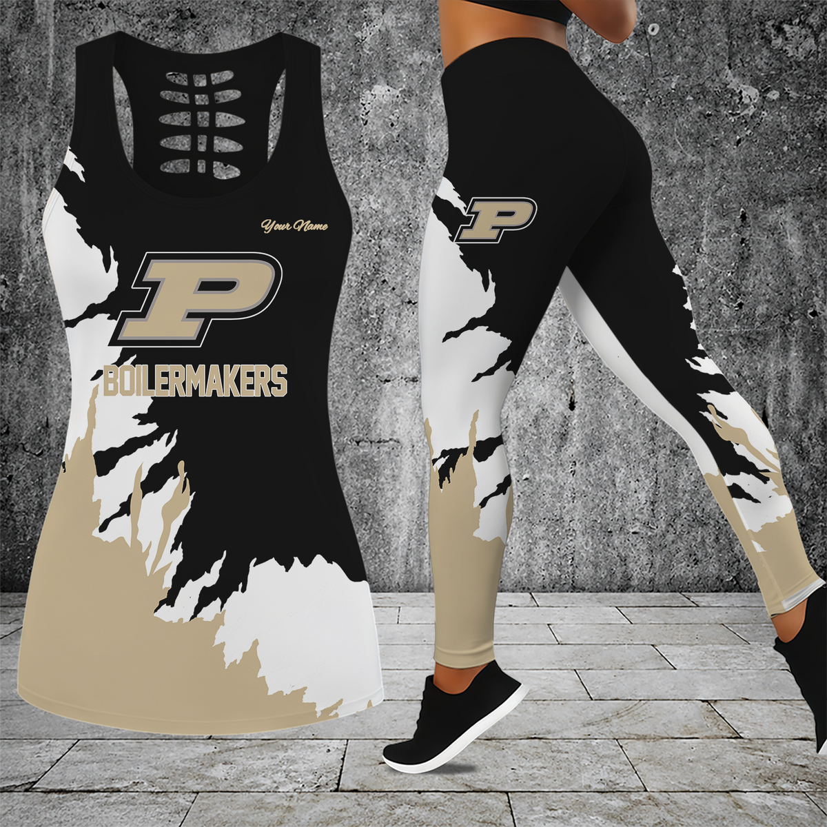 [SLAM DUNK DEAL] NEW CUSTOMIZED NCAA MAM20 PUB PURDUE BOILERMAKERS STRAPPY HOLLOW TANK TOP & LEGGINGS SET