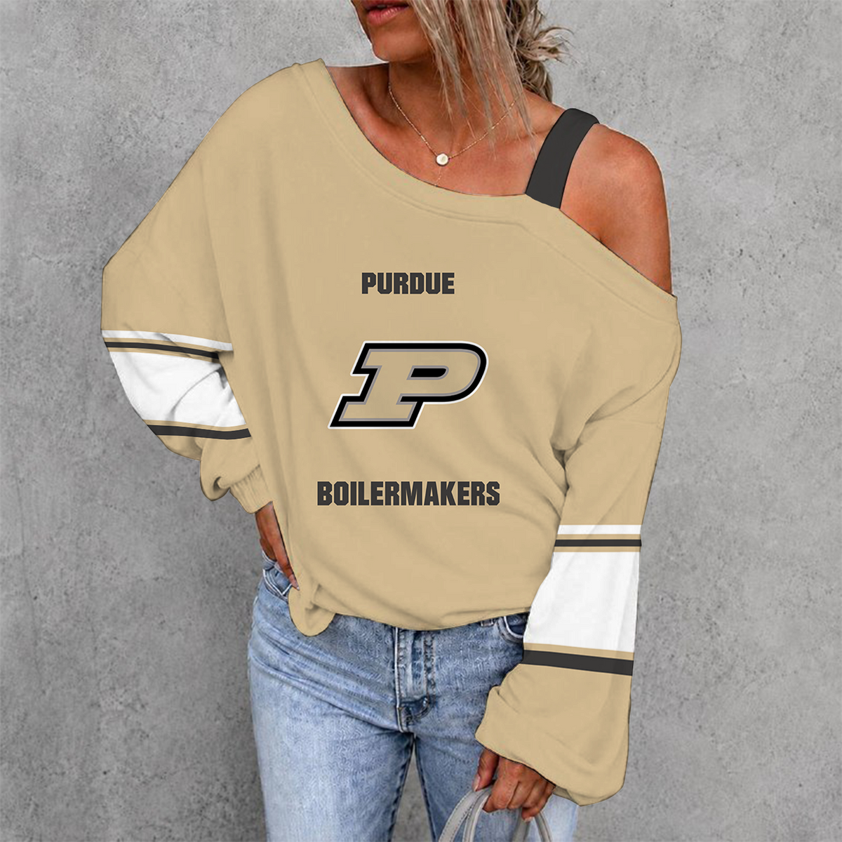 [SLAM DUNK DEAL] NEW CUSTOMIZED NCAA MAM20 PUB PURDUE BOILERMAKERS WOMEN'S OFF-SHOULDER LONG SLEEVE SHIRT