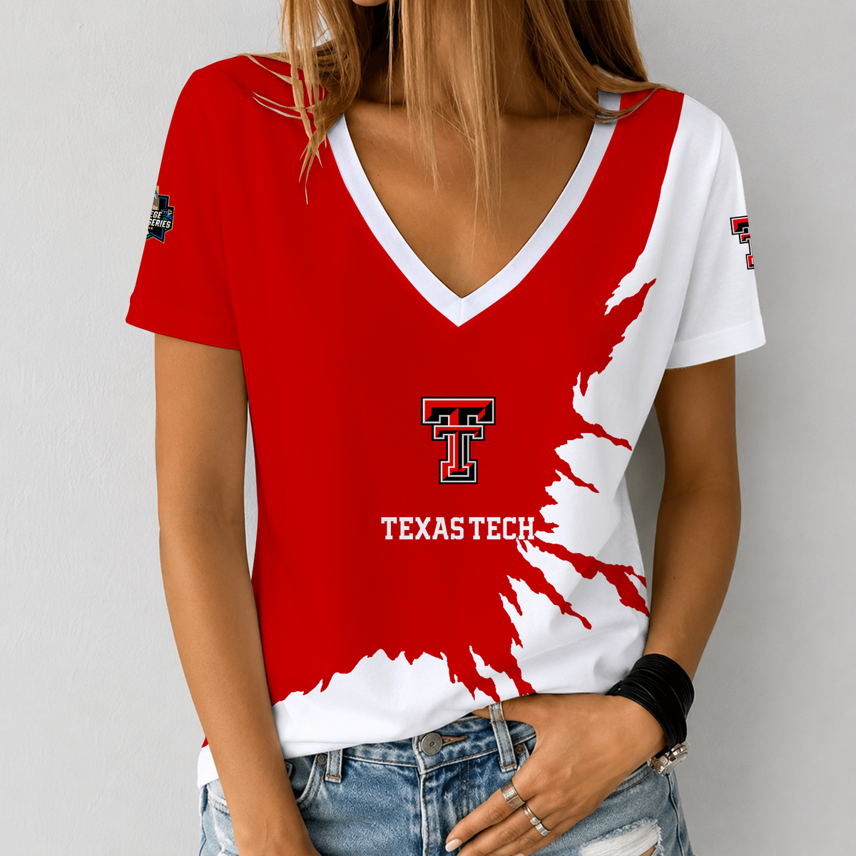 [HOMERUN DEAL] NEW CUSTOMIZED NCAA CWS20 TRR TEXAS TECH RED RAIDERS V-NECK FEMALE SHIRT