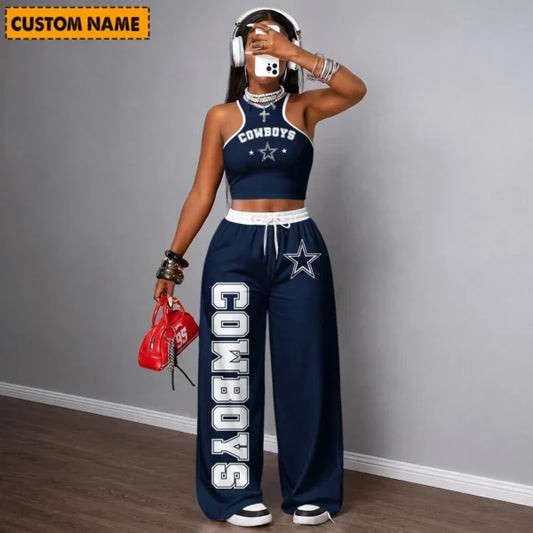 [TOUCHDOWN DEAL] NEW CUSTOMIZED NFL21 DCB DALLAS COWBOYS WOMEN'S CROP TOP & LONGPANTS SET