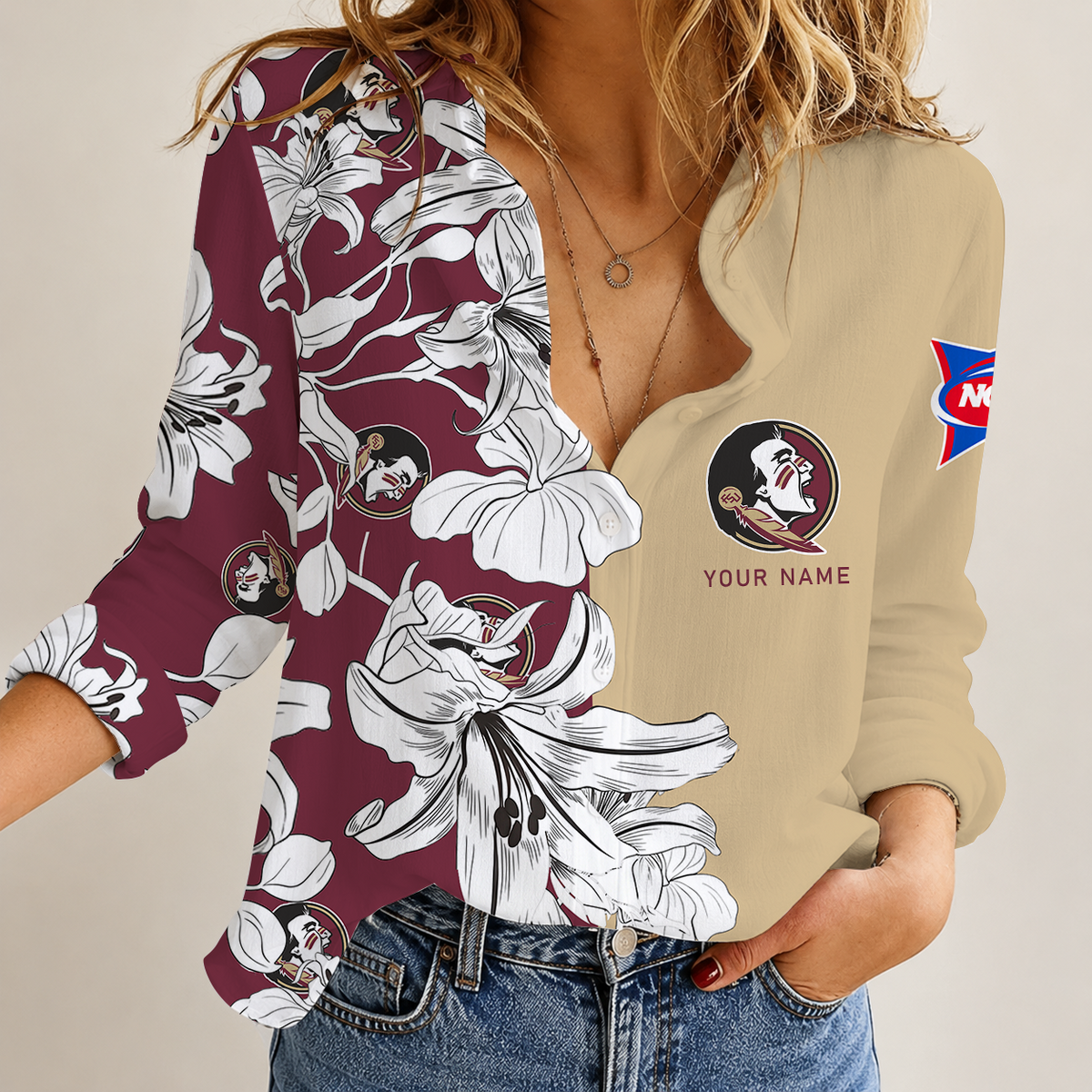 [TOUCHDOWN DEAL] NEW CUSTOMIZED NCAA FBS21 FLS FLORIDA STATE SEMINOLES WOMEN CASUAL SHIRT