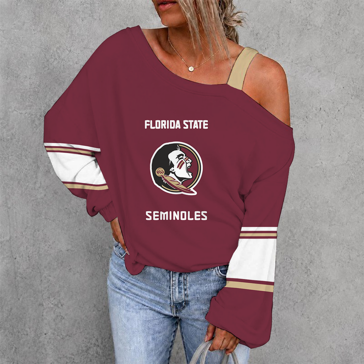 [TOUCHDOWN DEAL] NEW CUSTOMIZED NCAA FBS21 FLS FLORIDA STATE SEMINOLES WOMEN'S OFF-SHOULDER LONG SLEEVE SHIRT