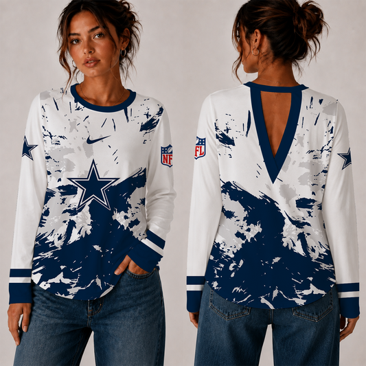 [TOUCHDOWN DEAL] NEW CUSTOMIZED NFL21 DCB DALLAS COWBOYS WOMEN'S BACK V-CUT LONG-SLEEVE SHIRT