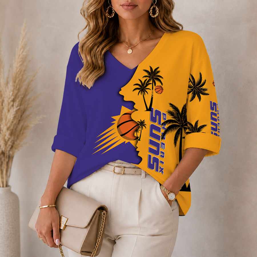 [HOT DEAL] NEW CUSTOMIZED NBA21 PSU PHOENIX SUNS WOMEN'S V-NECK LONG SLEEVE SHIRT
