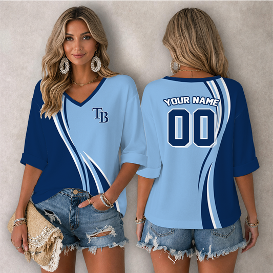 [HOMERUN DEAL] NEW CUSTOMIZED MLB21 TBR TAMPA BAY RAYS WOMEN'S HEART V-NECK LONG SLEEVE SHIRT