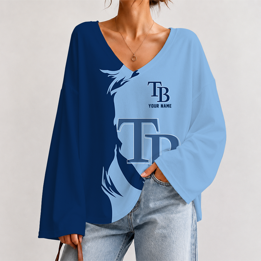 [HOMERUN DEAL] NEW CUSTOMIZED MLB21 TBR TAMPA BAY RAYS V-NECK LONG SLEEVED CROP TOP