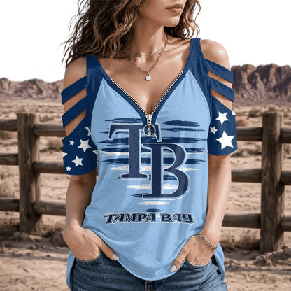 [HOMERUN DEAL] NEW CUSTOMIZED MLB21 TBR TAMPA BAY RAYS STRAPPY COLD-SHOULDER TOP