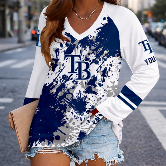 [HOMERUN DEAL] NEW CUSTOMIZED MLB21 TBR TAMPA BAY RAYS WOMEN'S V-NECK LONG SLEEVED SHIRT