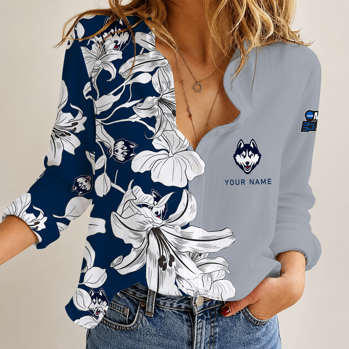 [SLAM DUNK DEAL] NEW CUSTOMIZED NCAA MAM21 UCH UCONN HUSKIES STRAPPY WOMEN CASUAL SHIRT