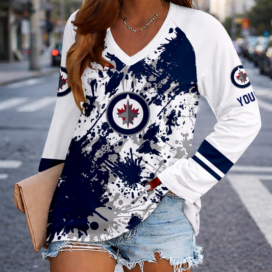 [SUPER SALE] NEW CUSTOMIZED NHL21 WPJ WINNIPEG JETS WOMEN'S V-NECK LONG SLEEVED SHIRT