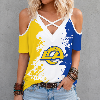 [TOUCHDOWN DEAL] NEW CUSTOMIZED NFL22 LAR LOS ANGELES RAMS CRISS CROSS V-NECK TOP