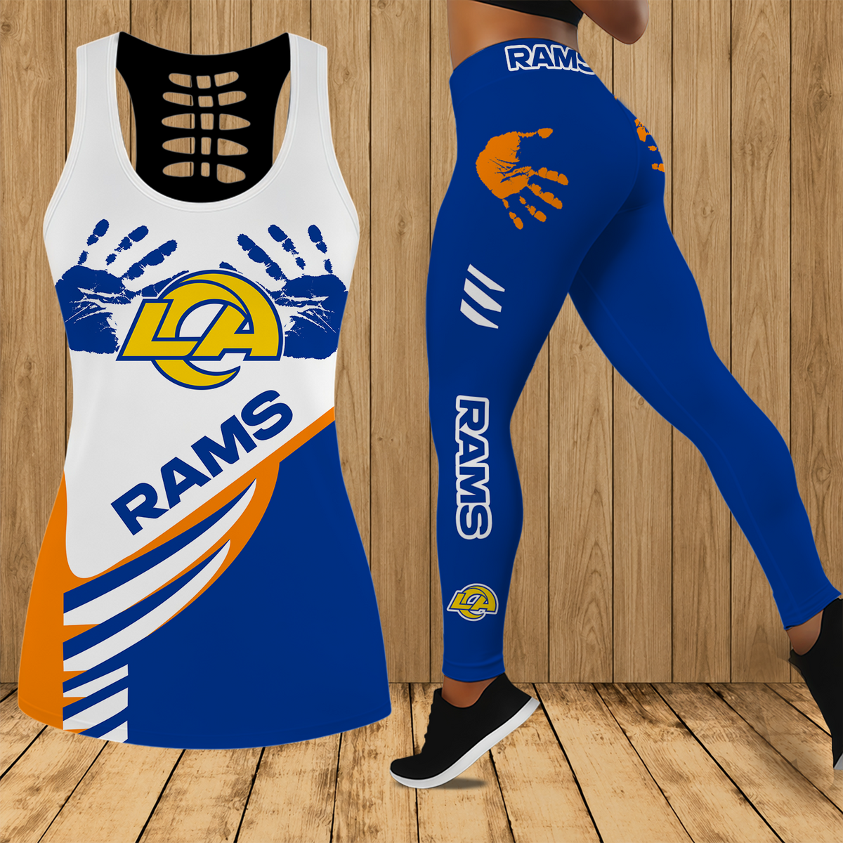 [TOUCHDOWN DEAL] NEW CUSTOMIZED NFL22 LAR LOS ANGELES RAMS HOLLOW TANK TOP & LEGGINGS SET