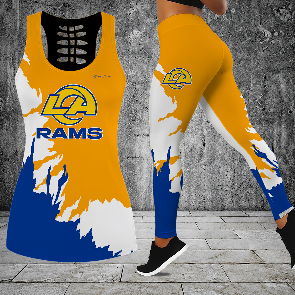 [TOUCHDOWN DEAL] NEW CUSTOMIZED NFL22 LAR LOS ANGELES RAMS HOLLOW TANK TOP & LEGGINGS SET