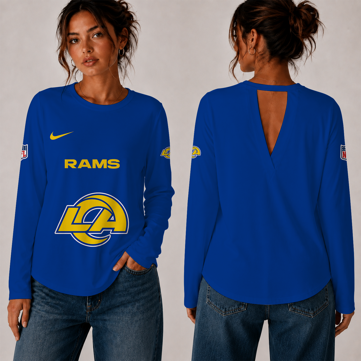 [TOUCHDOWN DEAL] NEW CUSTOMIZED NFL22 LAR THE RAMS WOMEN'S BACK V-CUT LONG-SLEEVE SHIRT
