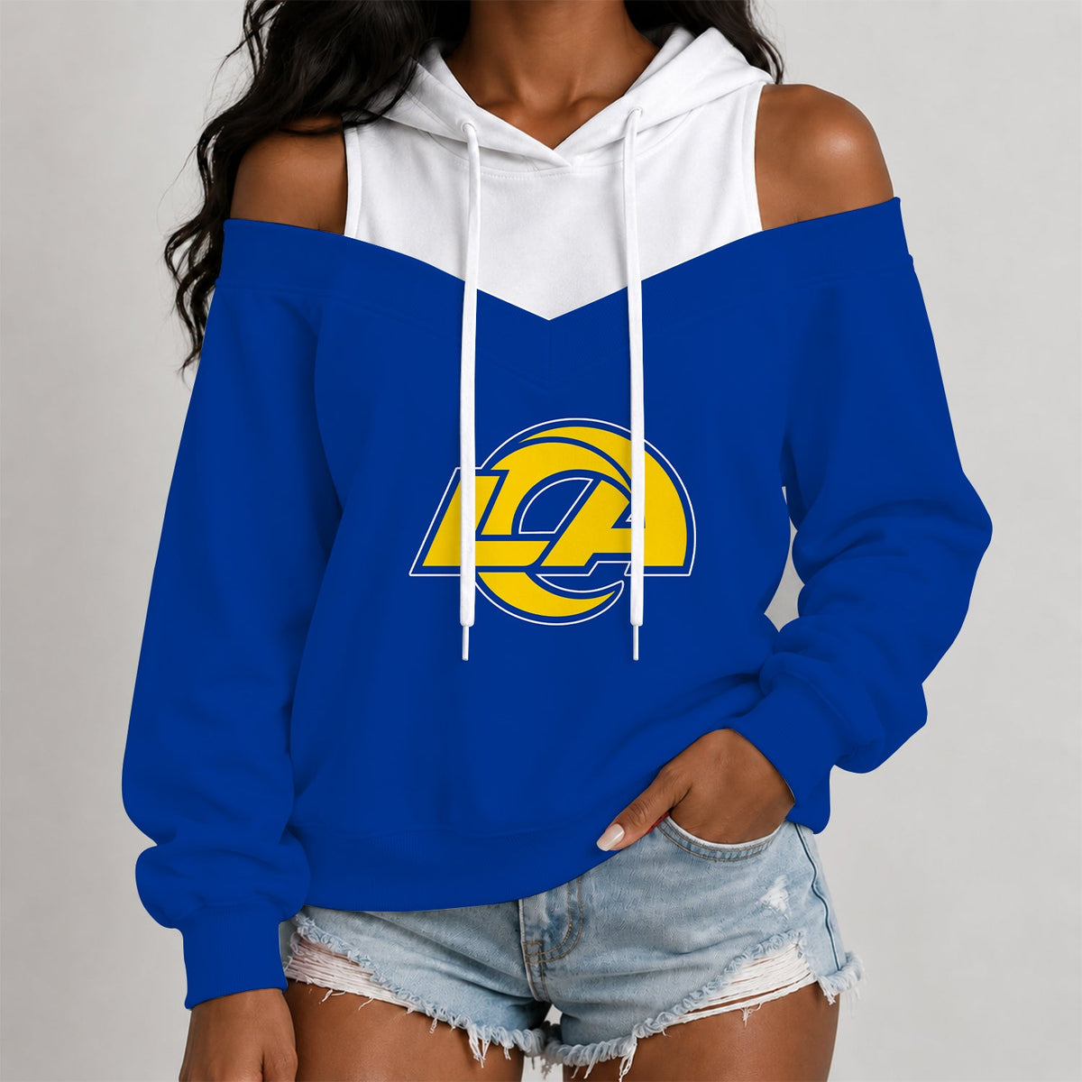 [TOUCHDOWN DEAL] NEW CUSTOMIZED NFL22 LAR THE RAMS WOMEN'S OFF-SHOULDER HOODIE