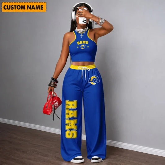 [TOUCHDOWN DEAL] NEW CUSTOMIZED NFL22 LAR LOS ANGELES RAMS WOMEN'S CROP TOP & LONGPANTS SET
