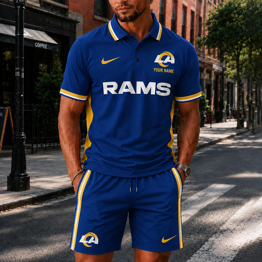 [TOUCHDOWN DEAL] NEW CUSTOMIZED NFL22 LAR LOS ANGELES RAMS POLO SHIRT & SHORT PANTS
