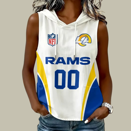 [TOUCHDOWN DEAL] NEW CUSTOMIZED NFL22 LAR LOS ANGELES RAMS WOMEN'S SLEEVELESS HOODED POCKET TANK TOP