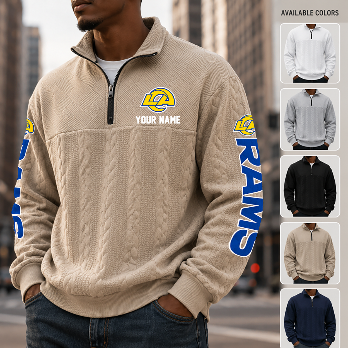 [TOUCHDOWN DEAL] NEW CUSTOMIZED NFL22 LAR LOS ANGELES RAMS MULTICOLOR QUARTER-ZIP SWEATSHIRT