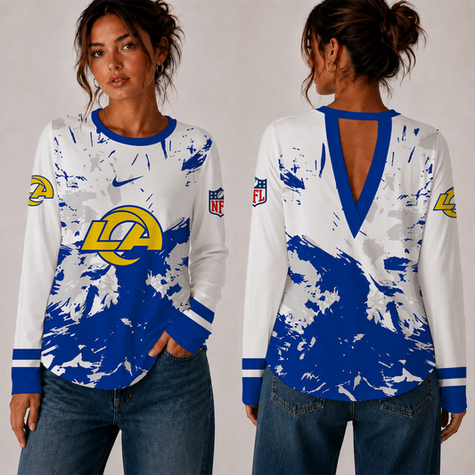 [TOUCHDOWN DEAL] NEW CUSTOMIZED NFL22 LAR LOS ANGELES RAMS WOMEN'S BACK V-CUT LONG-SLEEVE SHIRT