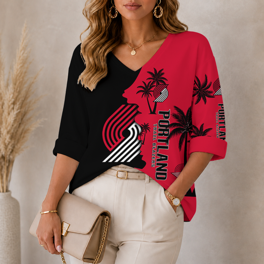[HOT DEAL] NEW CUSTOMIZED NBA22 PTB PORTLAND TRAIL BLAZERS WOMEN'S V-NECK LONG SLEEVE SHIRT