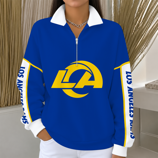 [TOUCHDOWN DEAL] NEW CUSTOMIZED NFL22 LAR LOS ANGELES RAMS QUARTER ZIP RIBBED SWEATER