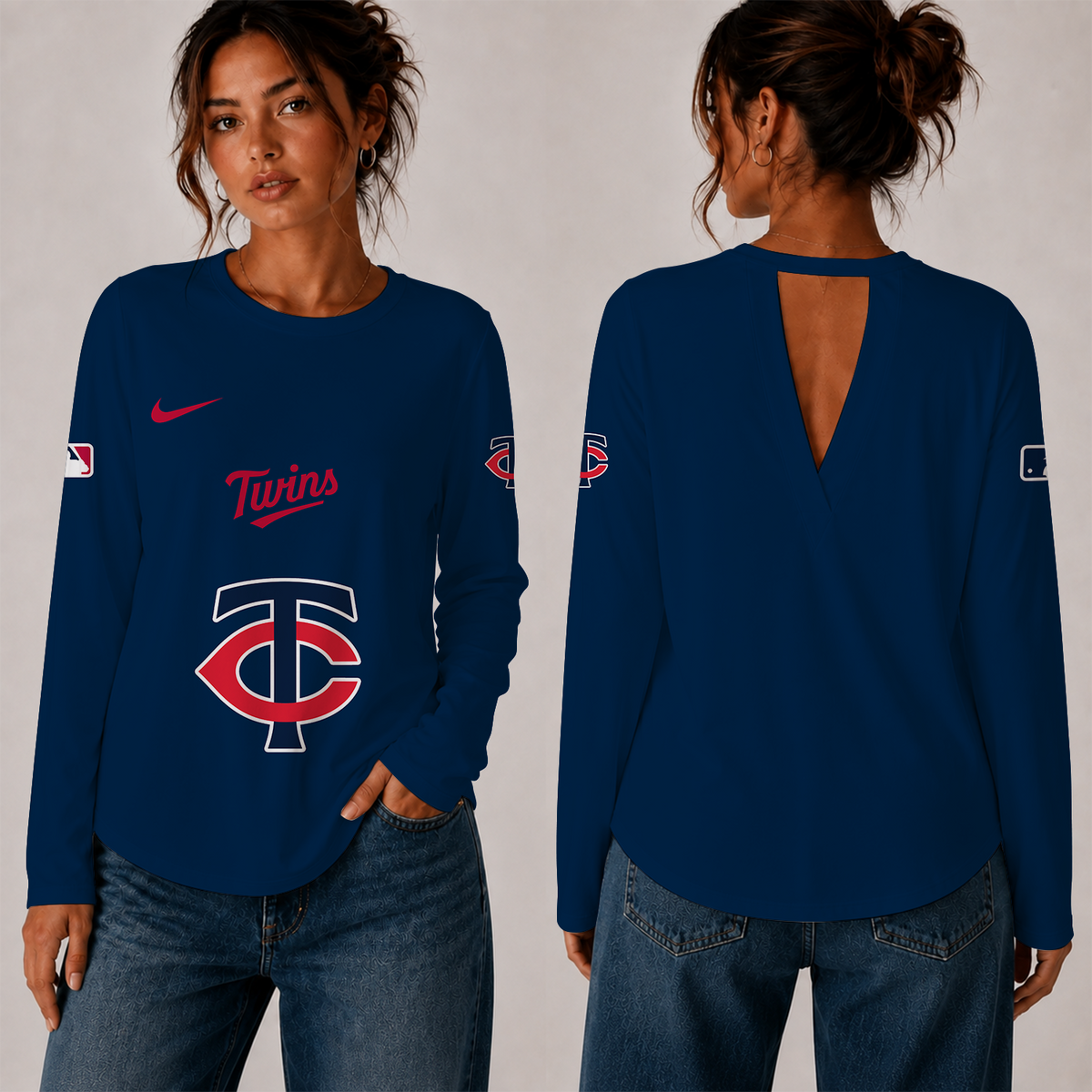 [HOMERUN DEAL] NEW CUSTOMIZED MLB22 MTS THE TWINS WOMEN'S BACK V-CUT LONG-SLEEVE SHIRT