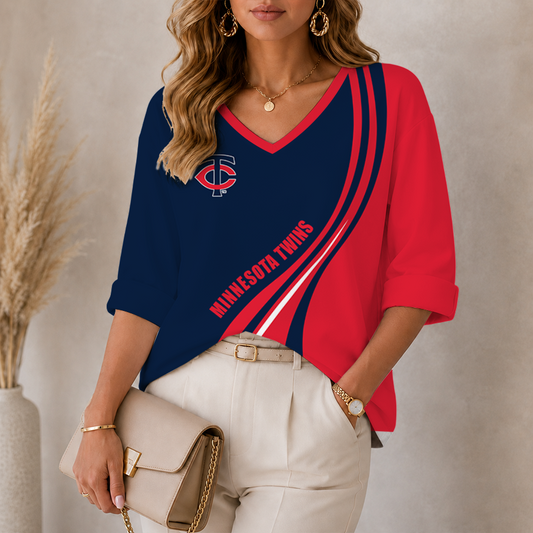 [HOMERUN DEAL] NEW CUSTOMIZED MLB22 MTS MINNESOTA TWINS WOMEN'S HEART V-NECK LONG SLEEVE SHIRT