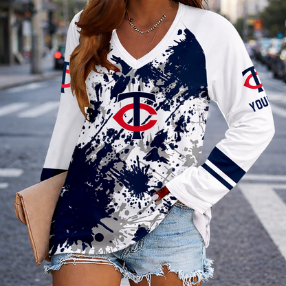 [HOMERUN DEAL] NEW CUSTOMIZED MLB22 MTS MINNESOTA TWINS WOMEN'S V-NECK LONG SLEEVED SHIRT